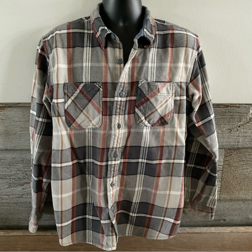 LANDS END Men's Rugged Flannel Shirt Size L  Button Up Charcoal Plaid (D1)